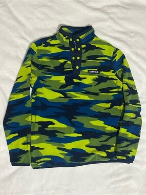 Lands' End Boys Large 10-12 Neon Green & Blue Camo Fleece Snap Pullover